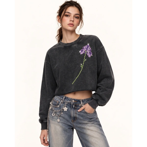 JW PEI Gem Flower Embellished Cotton T-Shirt in Faded Obsidian | Tops | Coveti