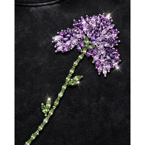 JW PEI Gem Flower Embellished Cotton T-Shirt in Faded Obsidian | Tops | Coveti