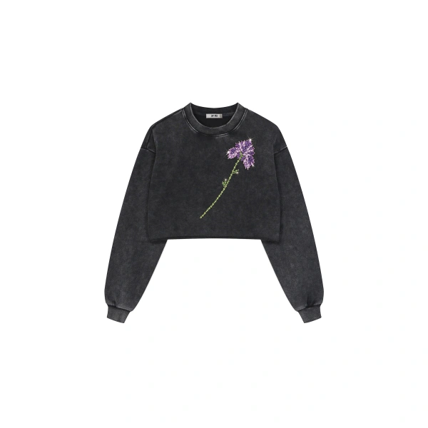 Gem Flower Embellished Cotton T-Shirt in Faded Obsidian