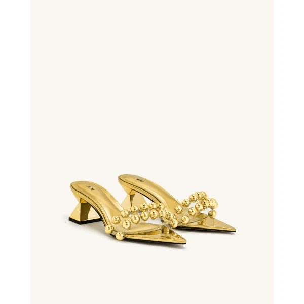 JW PEI Gianna Beaded Strap Mules in Gold | Mules | Coveti