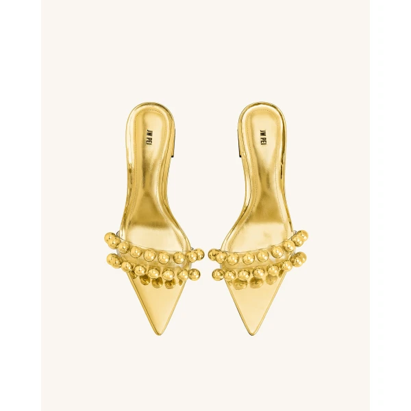 JW PEI Gianna Beaded Strap Mules in Gold | Mules | Coveti