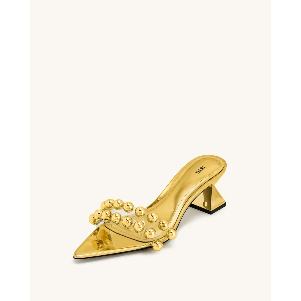 JW PEI Gianna Beaded Strap Mules in Gold | Mules | Coveti