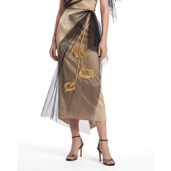 JW PEI Gold Embroidered Tulle Overlay Satin Skirt in Champagne | Skirts | Coveti
