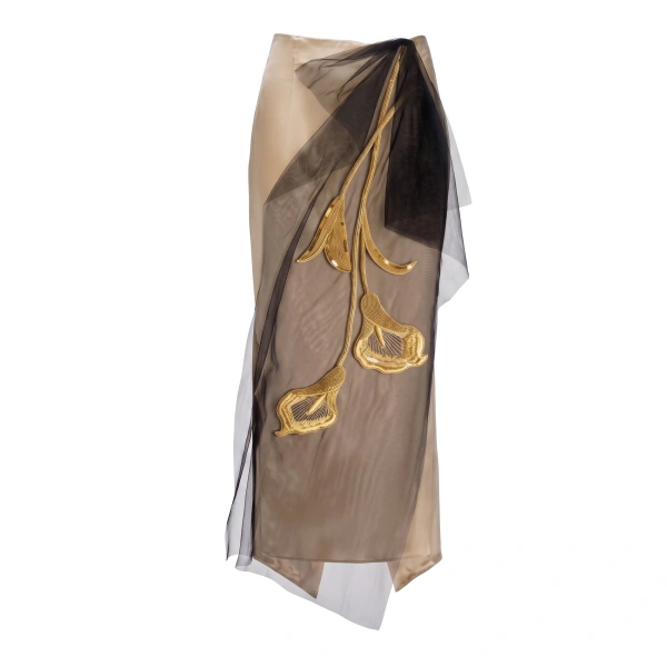 Gold Embroidered Tulle Overlay Satin Skirt in Champagne