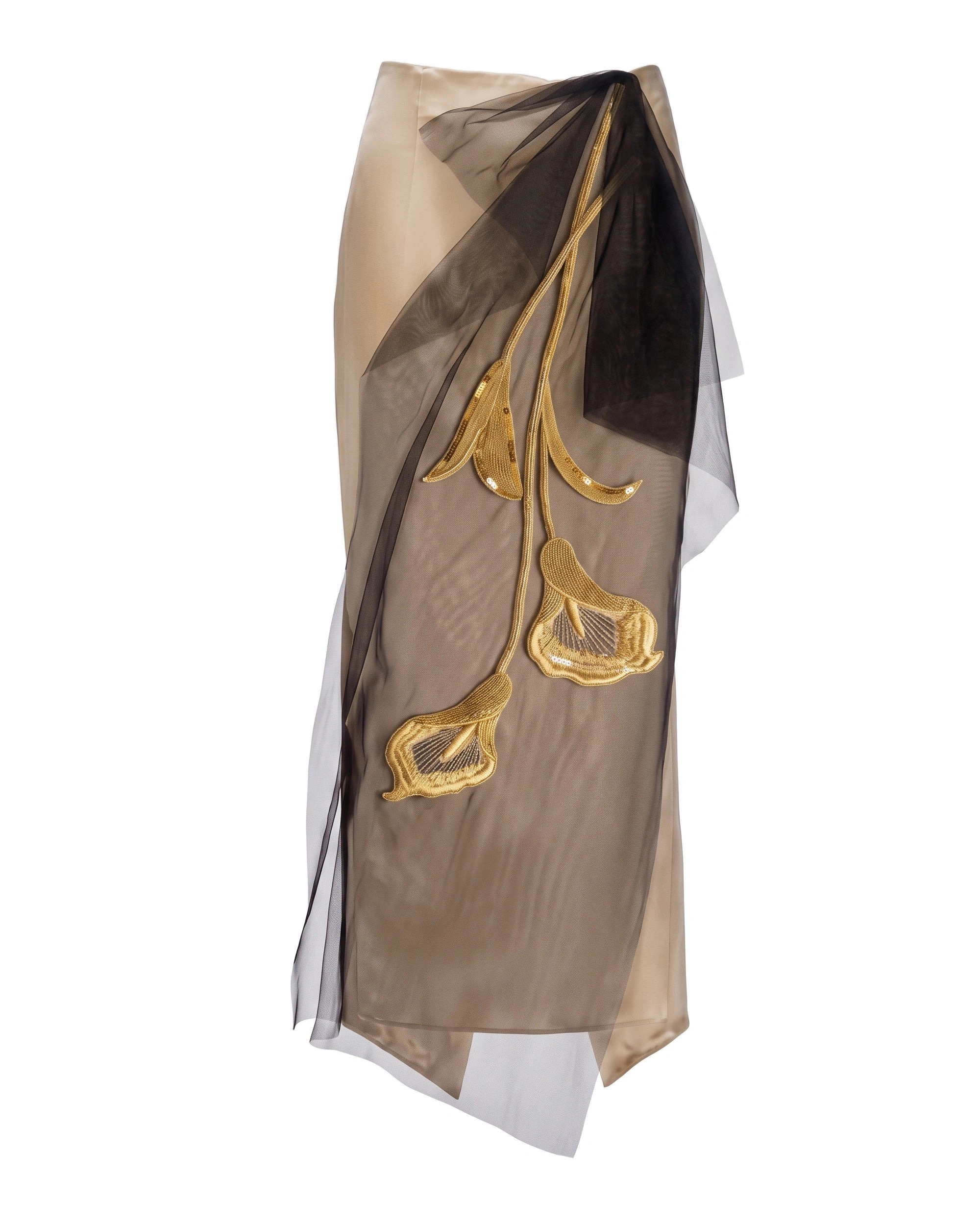 JW PEI Gold Embroidered Tulle Overlay Satin Skirt in Champagne JW PEI Gold Embroidered Tulle Overlay Satin Skirt in Champagne | Skirts | Coveti