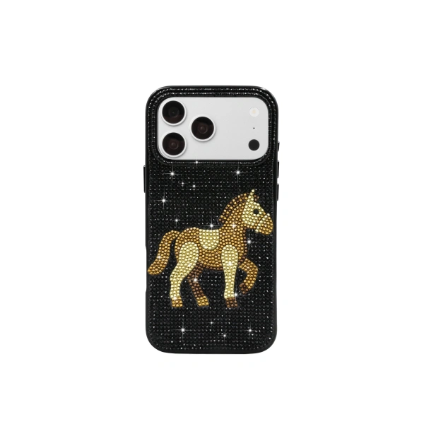 Golden Horse Artificial Crystal Phone Case in Black