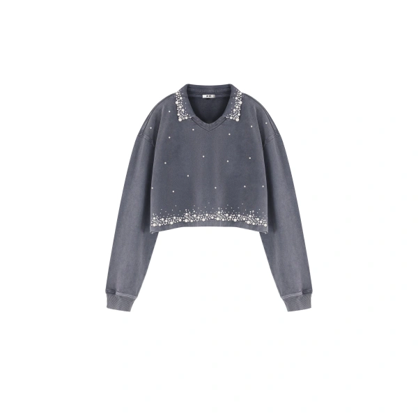 Gradient Pearl Trim Cropped Sweatshirt in Washed Slate