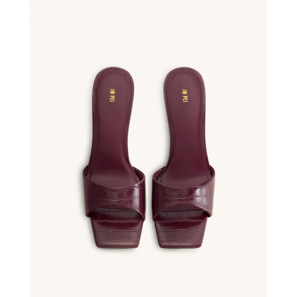 JW PEI Hannah Croc-Embossed Heel Mules in Burgundy | Mules | Coveti