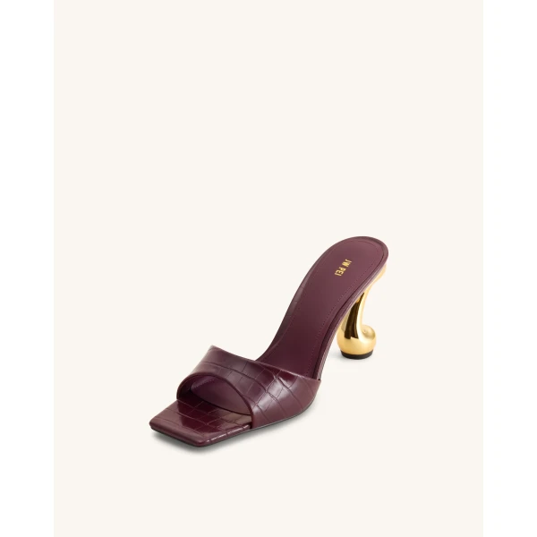 JW PEI Hannah Croc-Embossed Heel Mules in Burgundy | Mules | Coveti