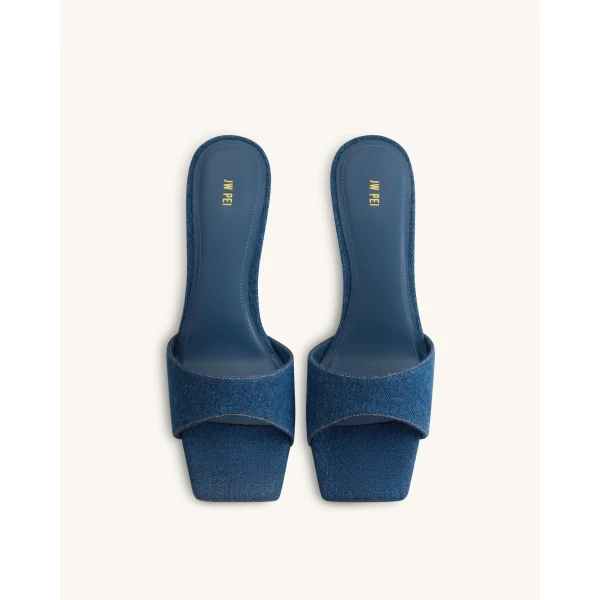 JW PEI Hannah Denim Mule Heels in Denim Blue | Mules | Coveti