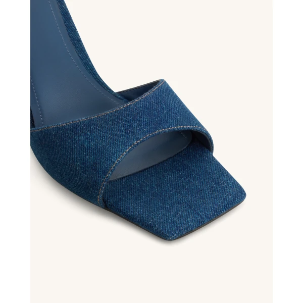 JW PEI Hannah Denim Mule Heels in Denim Blue | Mules | Coveti