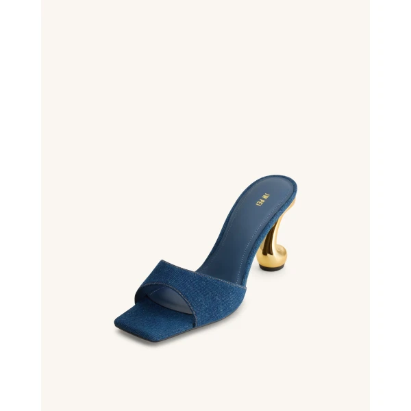 JW PEI Hannah Denim Mule Heels in Denim Blue | Mules | Coveti