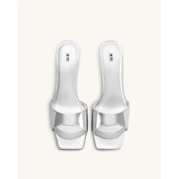 JW PEI Hannah Metallic Faux Vegan Leather Mule Heels in Silver | Mules | Coveti