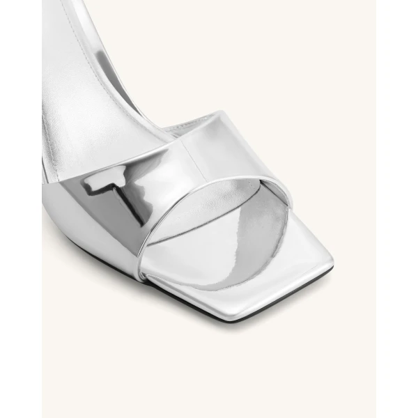 JW PEI Hannah Metallic Faux Vegan Leather Mule Heels in Silver | Mules | Coveti
