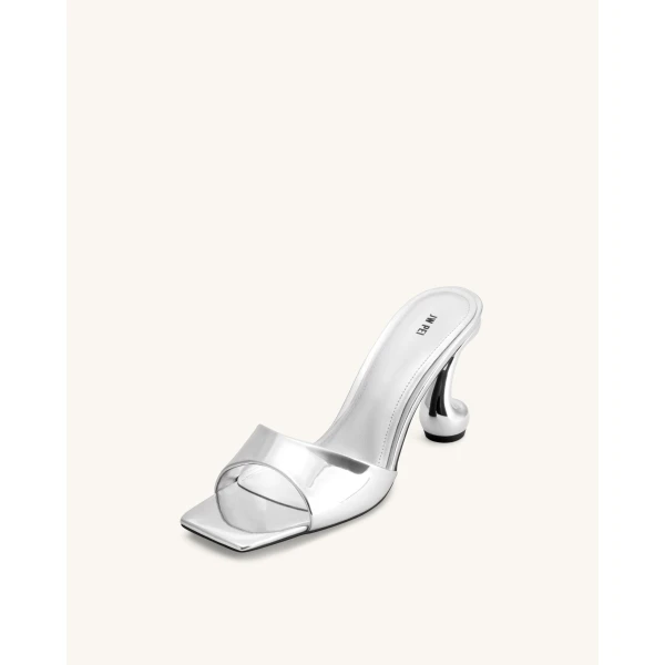 JW PEI Hannah Metallic Faux Vegan Leather Mule Heels in Silver | Mules | Coveti