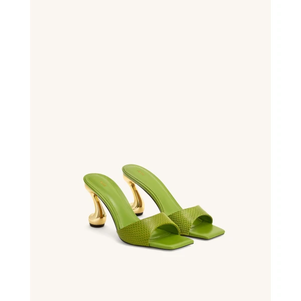 JW PEI Hannah Snakeskin Heel Mules in Green | Mules | Coveti