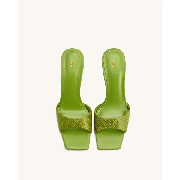 JW PEI Hannah Snakeskin Heel Mules in Green | Mules | Coveti