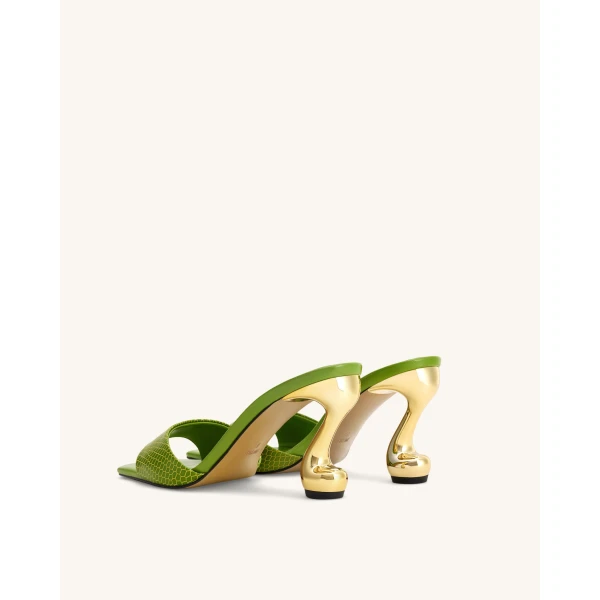 JW PEI Hannah Snakeskin Heel Mules in Green | Mules | Coveti