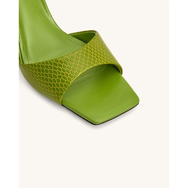 JW PEI Hannah Snakeskin Heel Mules in Green | Mules | Coveti