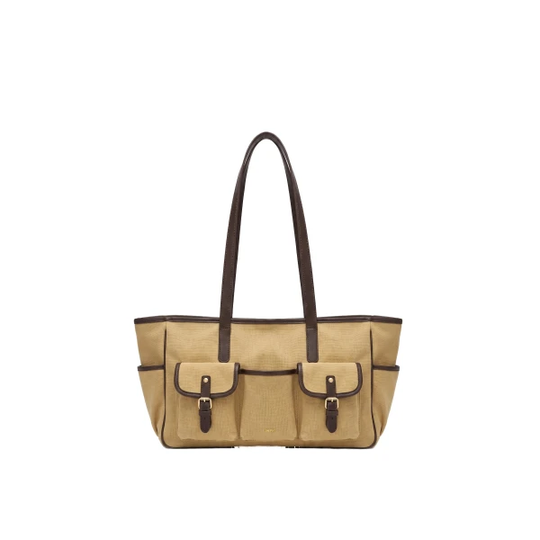 JW PEI Harper Canvas Double Pocket Buckle Tote Bag in Khaki | Totes & Top-Handle Bags | Coveti