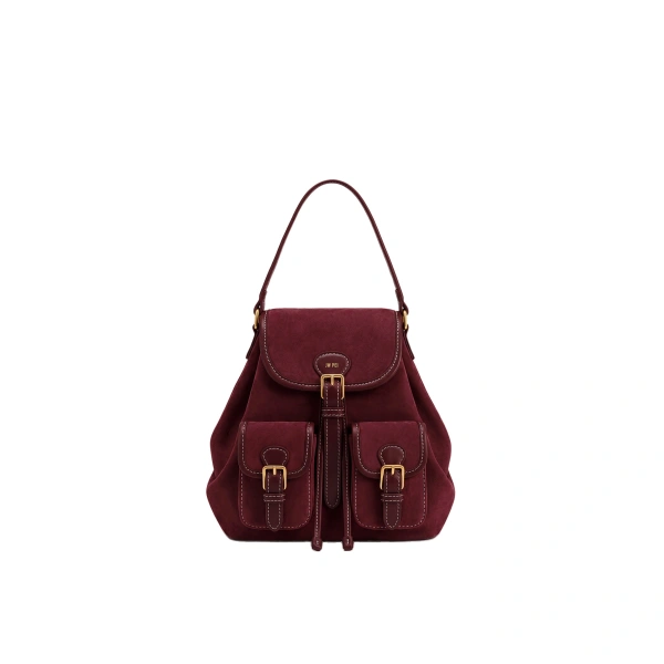 Harper Faux Suede Buckle Pocket Backpack in Burgundy