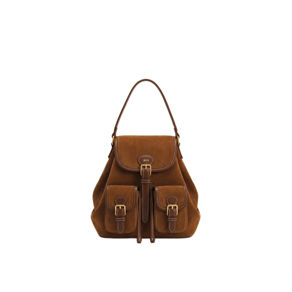 JW PEI Harper Faux Suede Buckle Pocket Backpack in Caramel Brown | Backpacks | Coveti