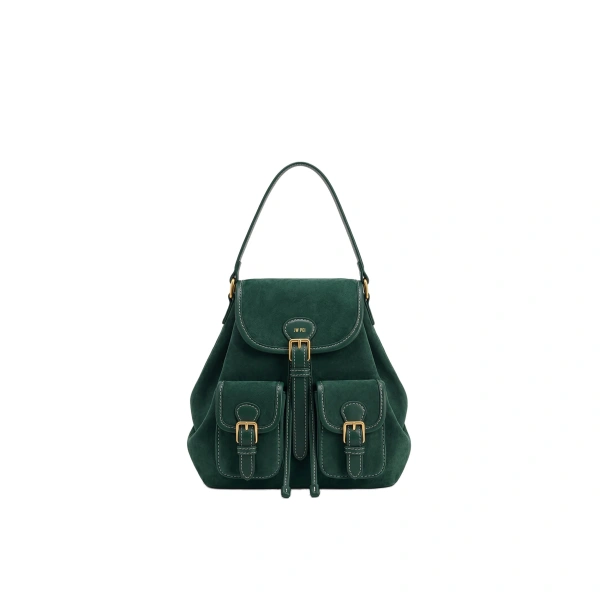 Harper Faux Suede Buckle Pocket Backpack in Dark Green