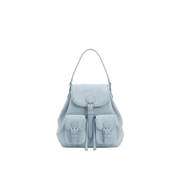 Harper Faux Suede Buckle Pocket Backpack in Light Blue
