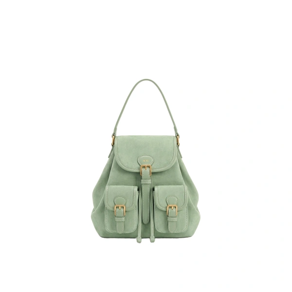 Harper Faux Suede Buckle Pocket Backpack in Light Green