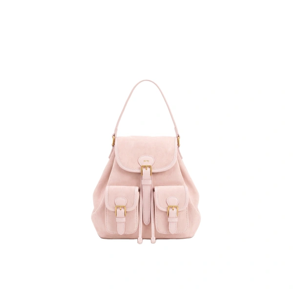 Harper Faux Suede Buckle Pocket Backpack in Light Pink