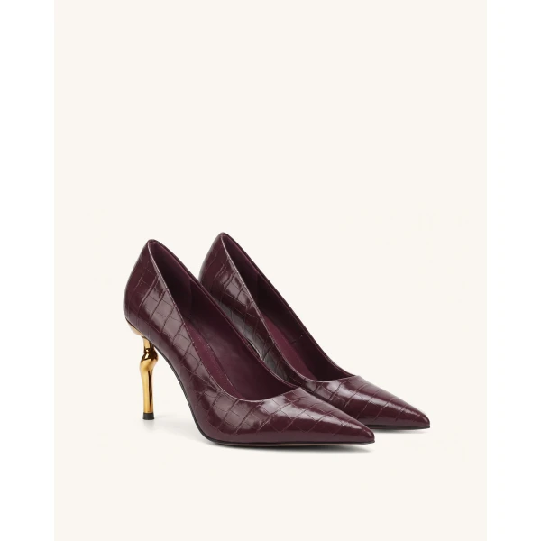 JW PEI Hazel Croc-Embossed Heels in Burgundy | Heels | Coveti