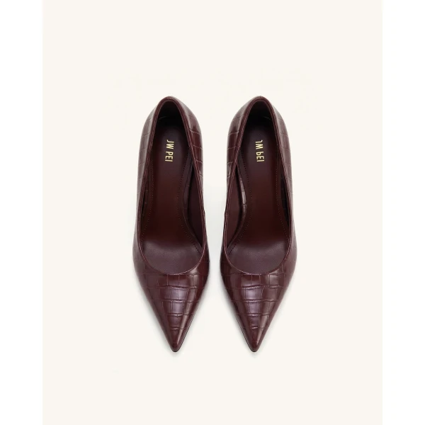 JW PEI Hazel Croc-Embossed Heels in Burgundy | Heels | Coveti