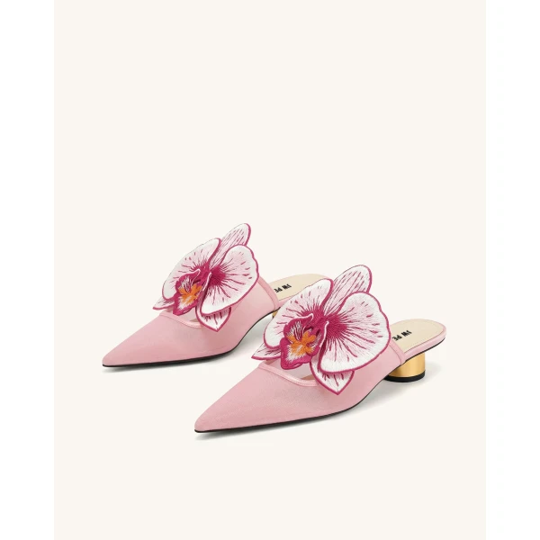 JW PEI Helena Embroidery Decoration Pierced Mules in Pink | Mules | Coveti