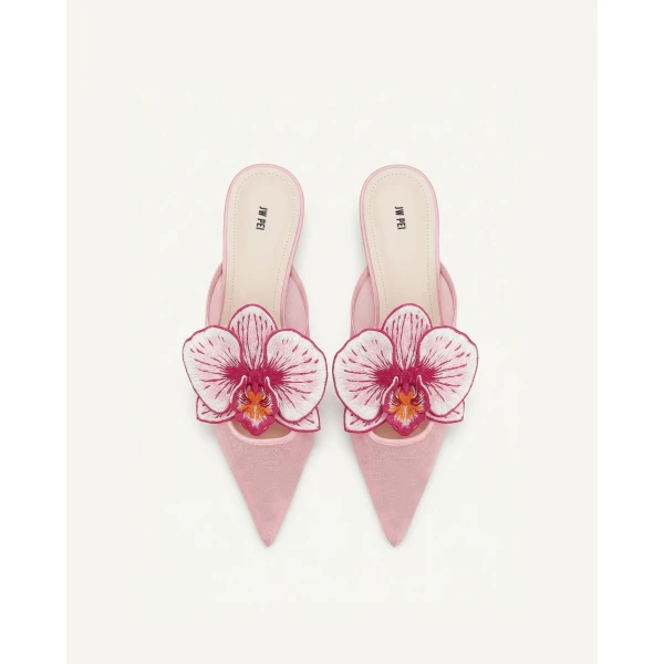 JW PEI Helena Embroidery Decoration Pierced Mules in Pink | Mules | Coveti