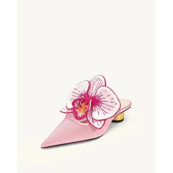 JW PEI Helena Embroidery Decoration Pierced Mules in Pink | Mules | Coveti