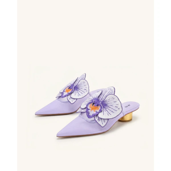 JW PEI Helena Embroidery Decoration Pierced Mules in Purple | Mules | Coveti