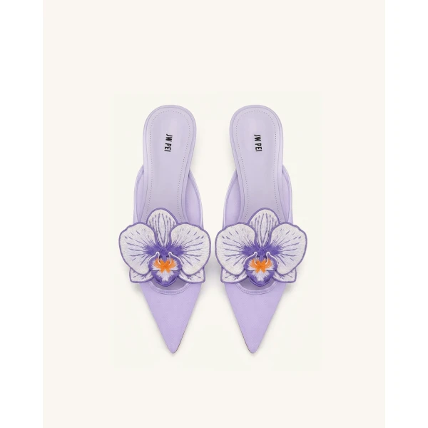 JW PEI Helena Embroidery Decoration Pierced Mules in Purple | Mules | Coveti