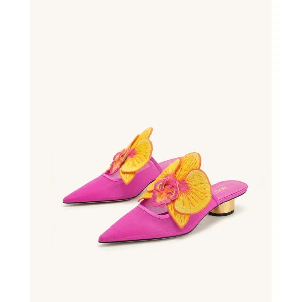 JW PEI Helena Embroidery Decoration Pierced Mules in Rose Red | Mules | Coveti