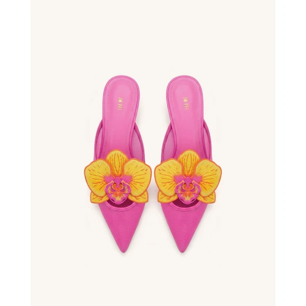 JW PEI Helena Embroidery Decoration Pierced Mules in Rose Red | Mules | Coveti