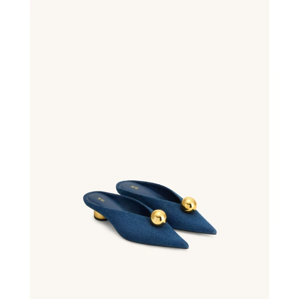 JW PEI Helena Gold Sphere Pointed Toe Mules in Denim Blue | Mules | Coveti