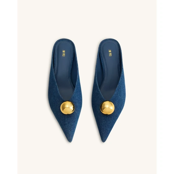 JW PEI Helena Gold Sphere Pointed Toe Mules in Denim Blue | Mules | Coveti