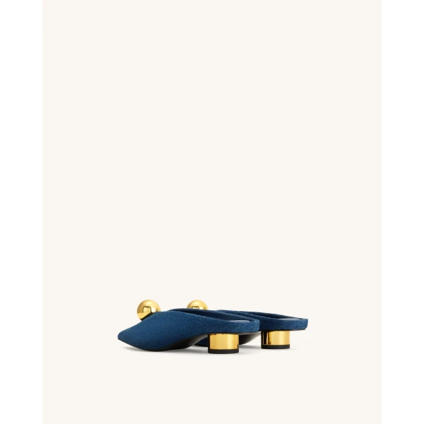 JW PEI Helena Gold Sphere Pointed Toe Mules in Denim Blue | Mules | Coveti