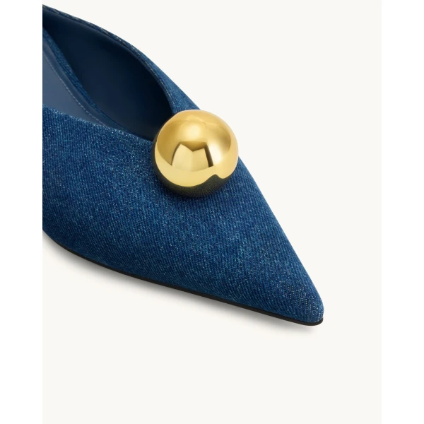 JW PEI Helena Gold Sphere Pointed Toe Mules in Denim Blue | Mules | Coveti