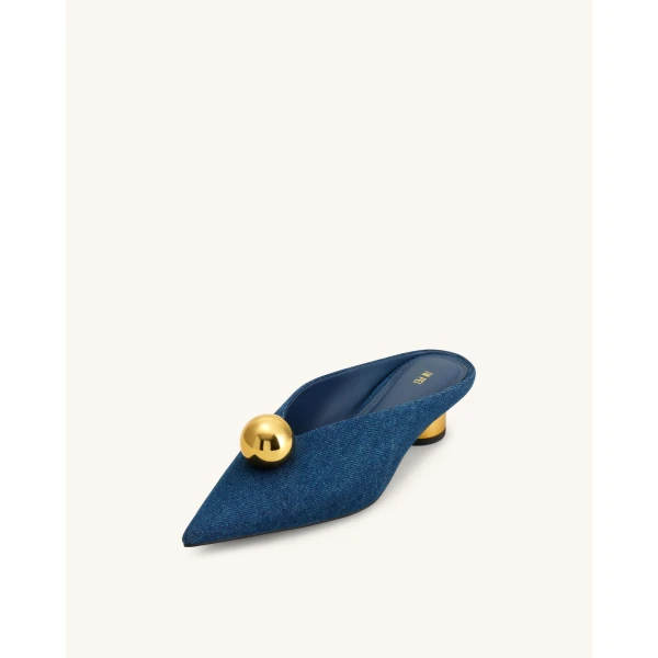JW PEI Helena Gold Sphere Pointed Toe Mules in Denim Blue | Mules | Coveti