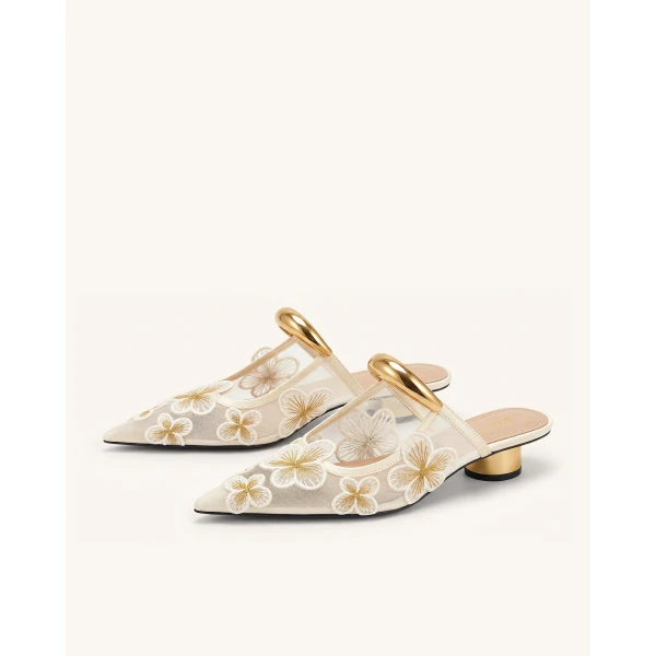 JW PEI Helena Pierced Floral Mesh Mules in Ivory | Mules | Coveti