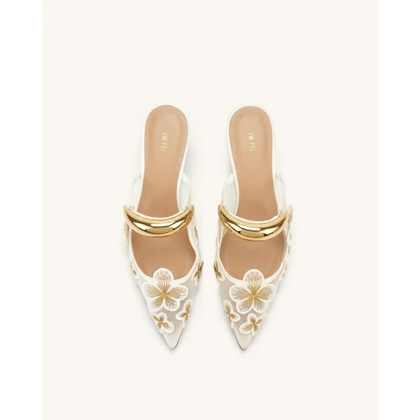 JW PEI Helena Pierced Floral Mesh Mules in Ivory | Mules | Coveti