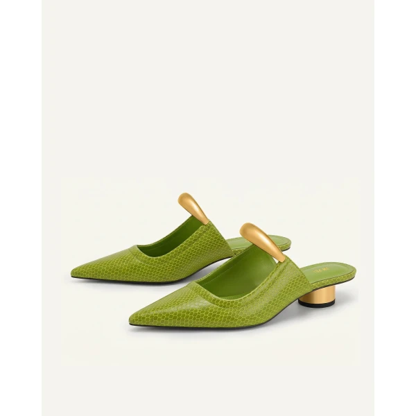 JW PEI Helena Pierced Snakeskin Mules in Green | Mules | Coveti