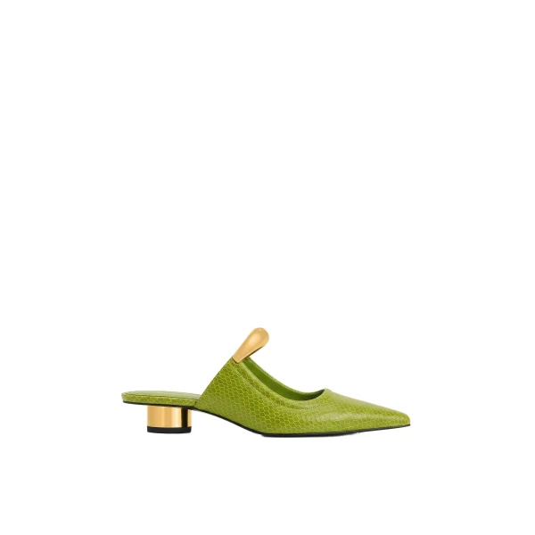 JW PEI Helena Pierced Snakeskin Mules in Green | Mules | Coveti