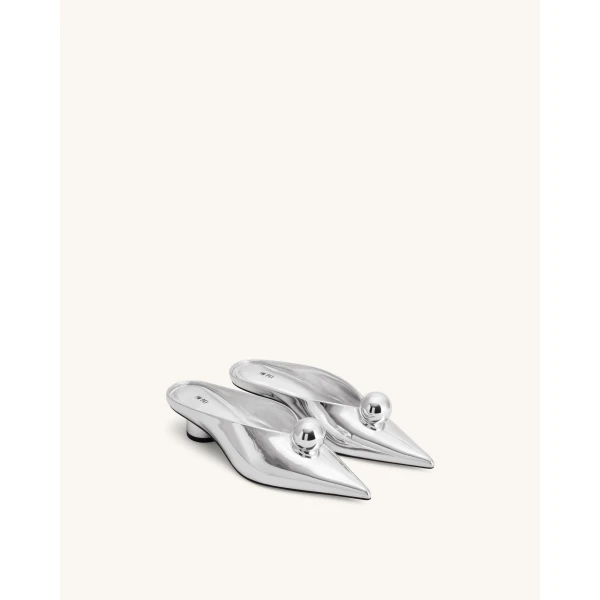 JW PEI Helena Sphere Embellished Pointed Toe Mules in Silver | Mules | Coveti