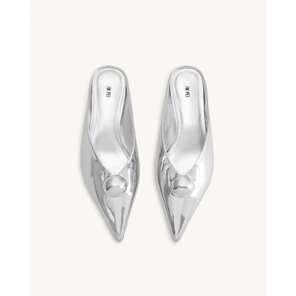 JW PEI Helena Sphere Embellished Pointed Toe Mules in Silver | Mules | Coveti